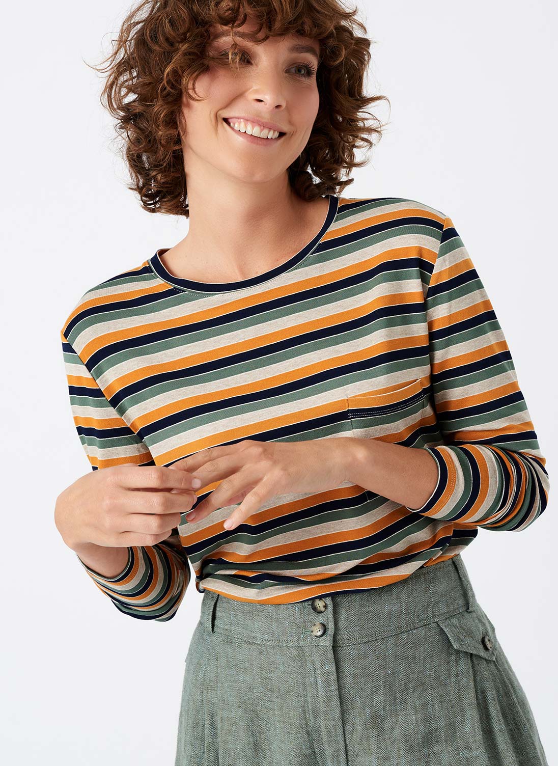 Long Sleeve Stripe Jersey T-Shirt Oatmeal & sage