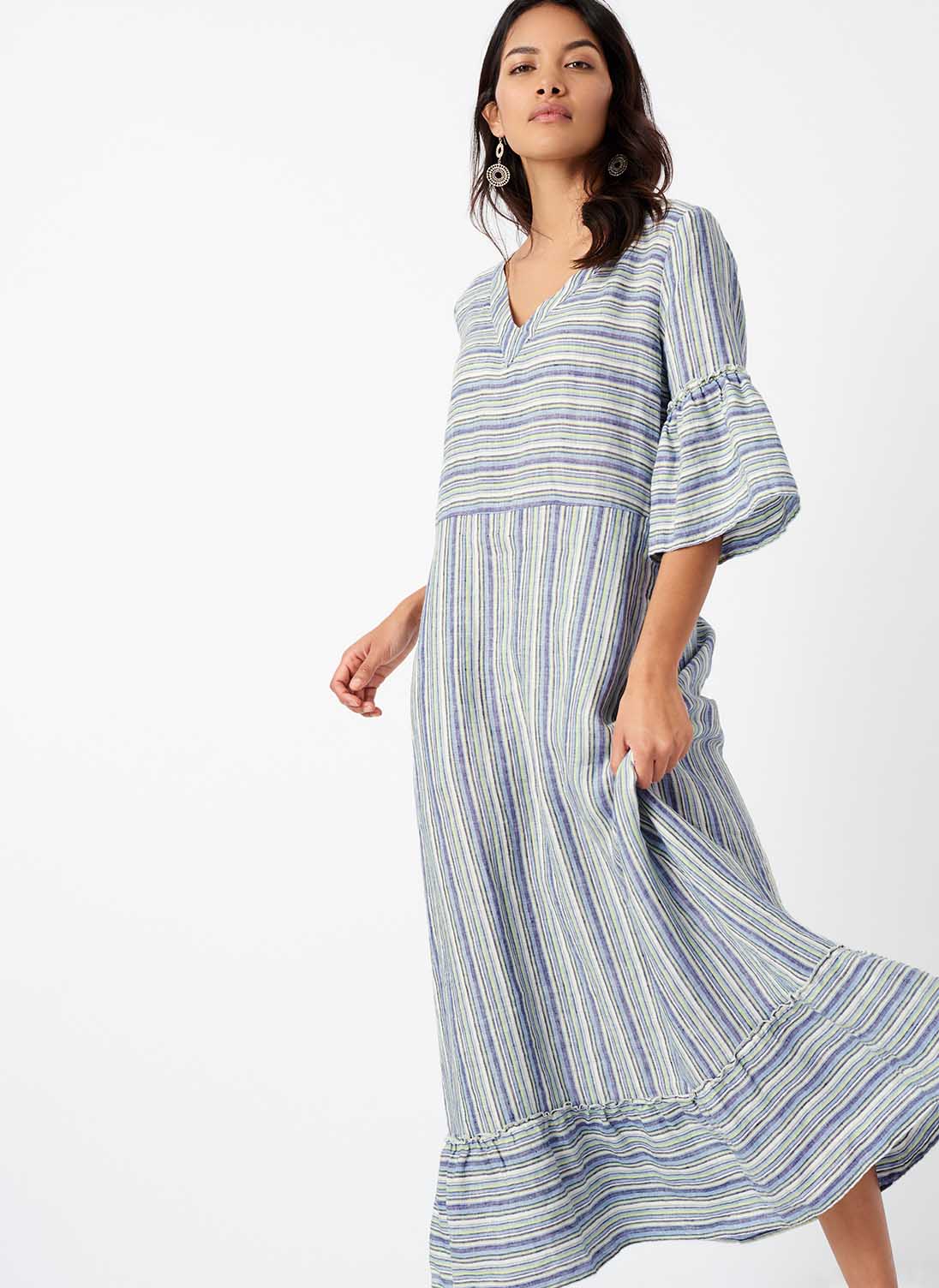 Linen Stripe Dress Sky & lime