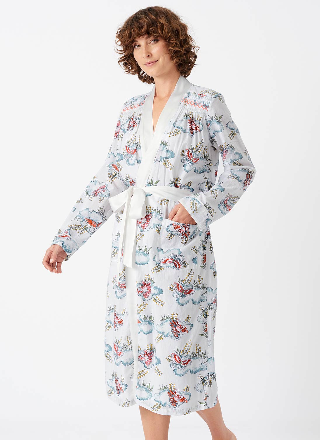 Butterfly Print Cotton Dressing Gown White & sky