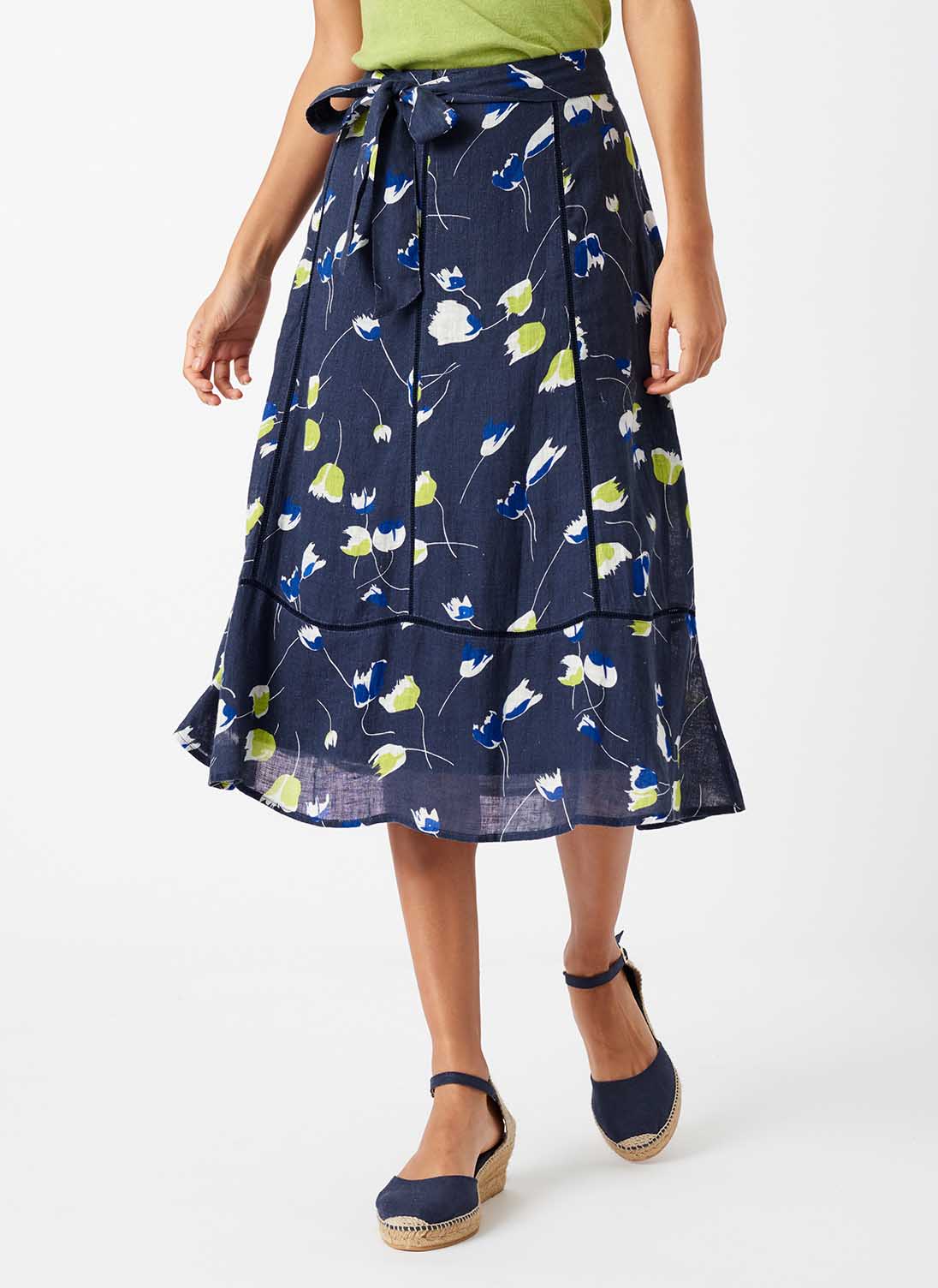 Tulip Print Gauzy Linen Skirt Navy & lime