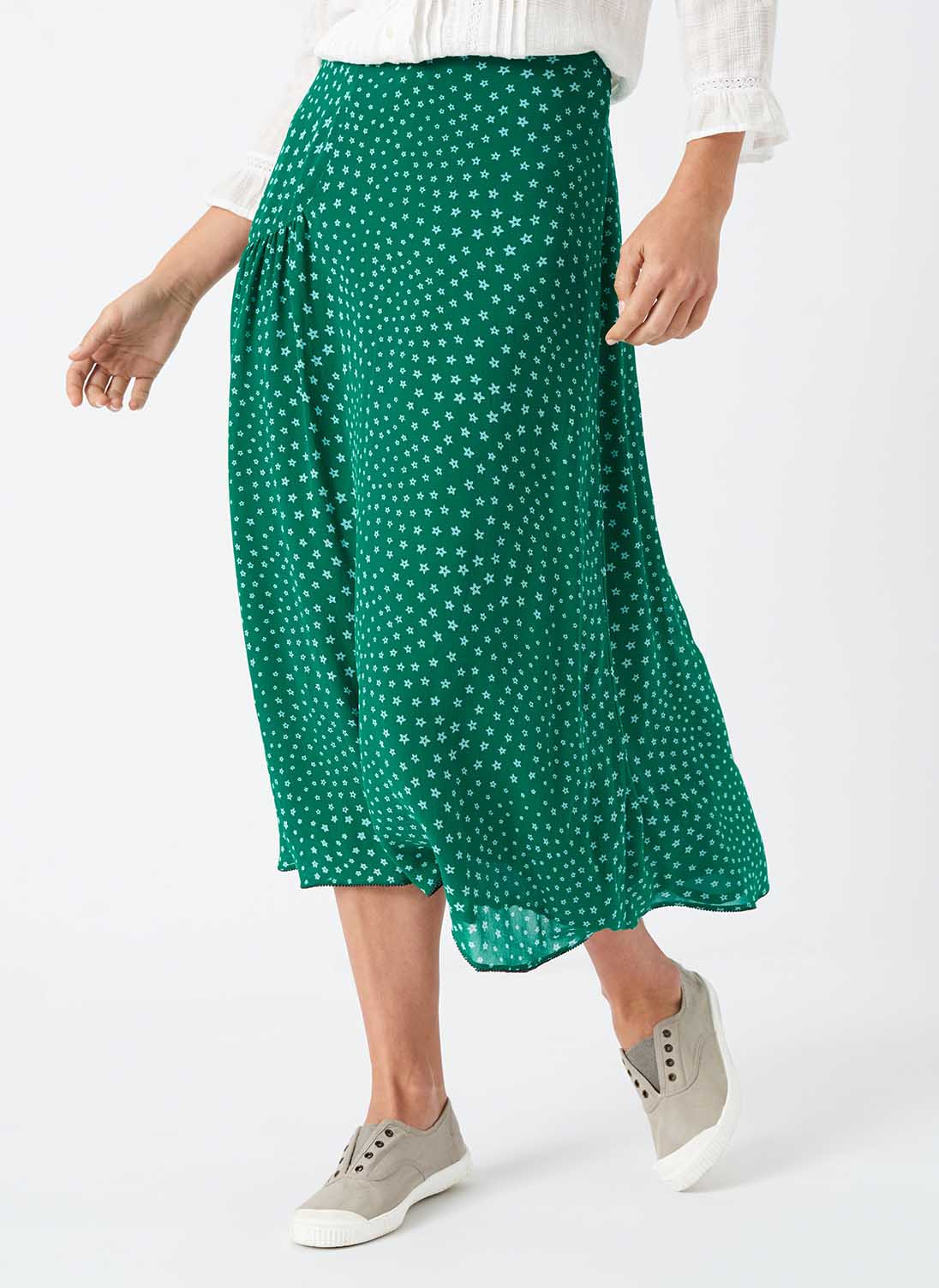 Star Print Silk Skirt Emerald