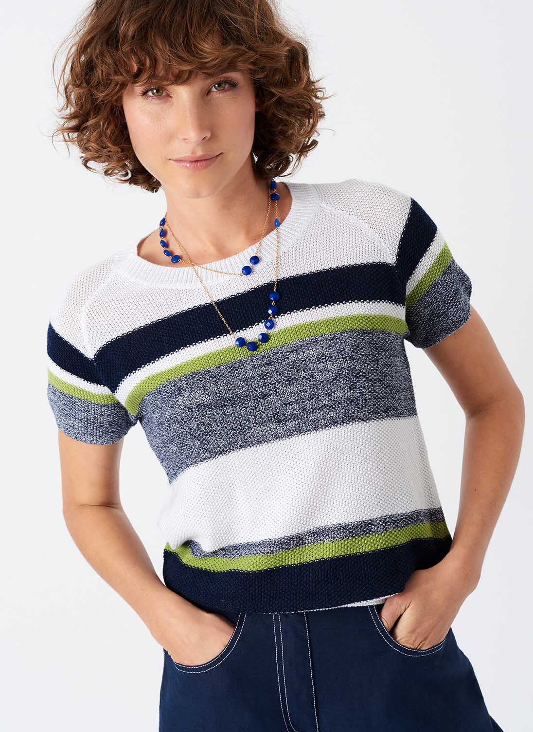 Cotton Knit Textured Stripe T-Shirt White