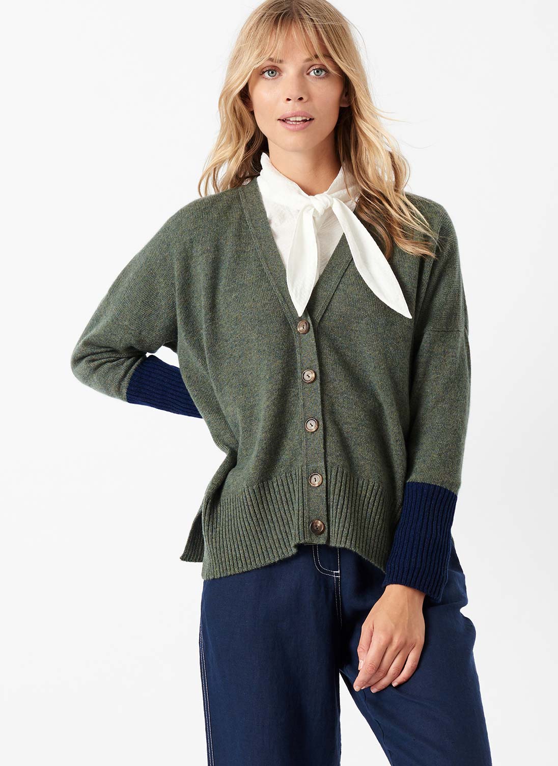 Cashmere Contrast Cuff Cardigan Olive & french navy