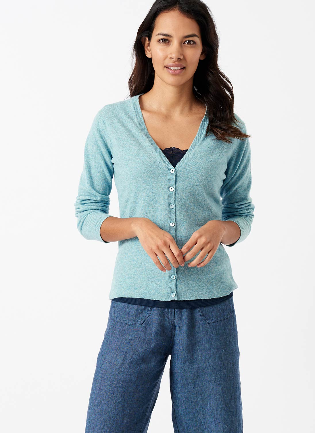 Cashmere Fitted V Neck Cardigan Sea holly