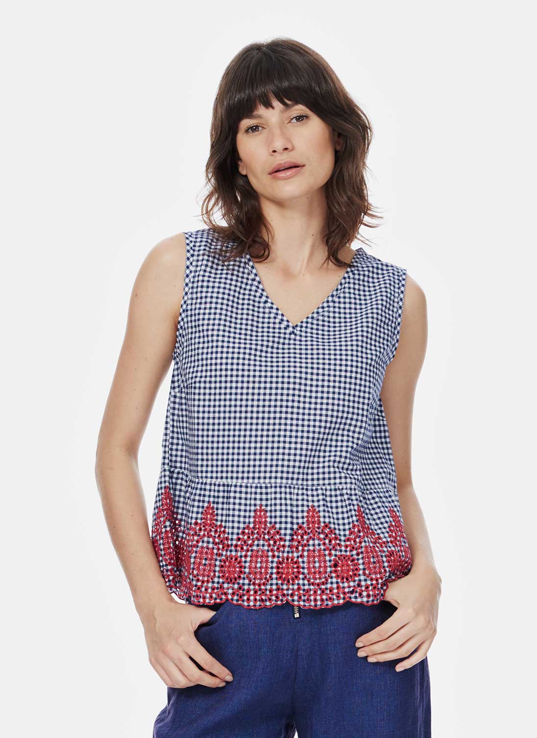 Embroidered Gingham Shell Navy & White