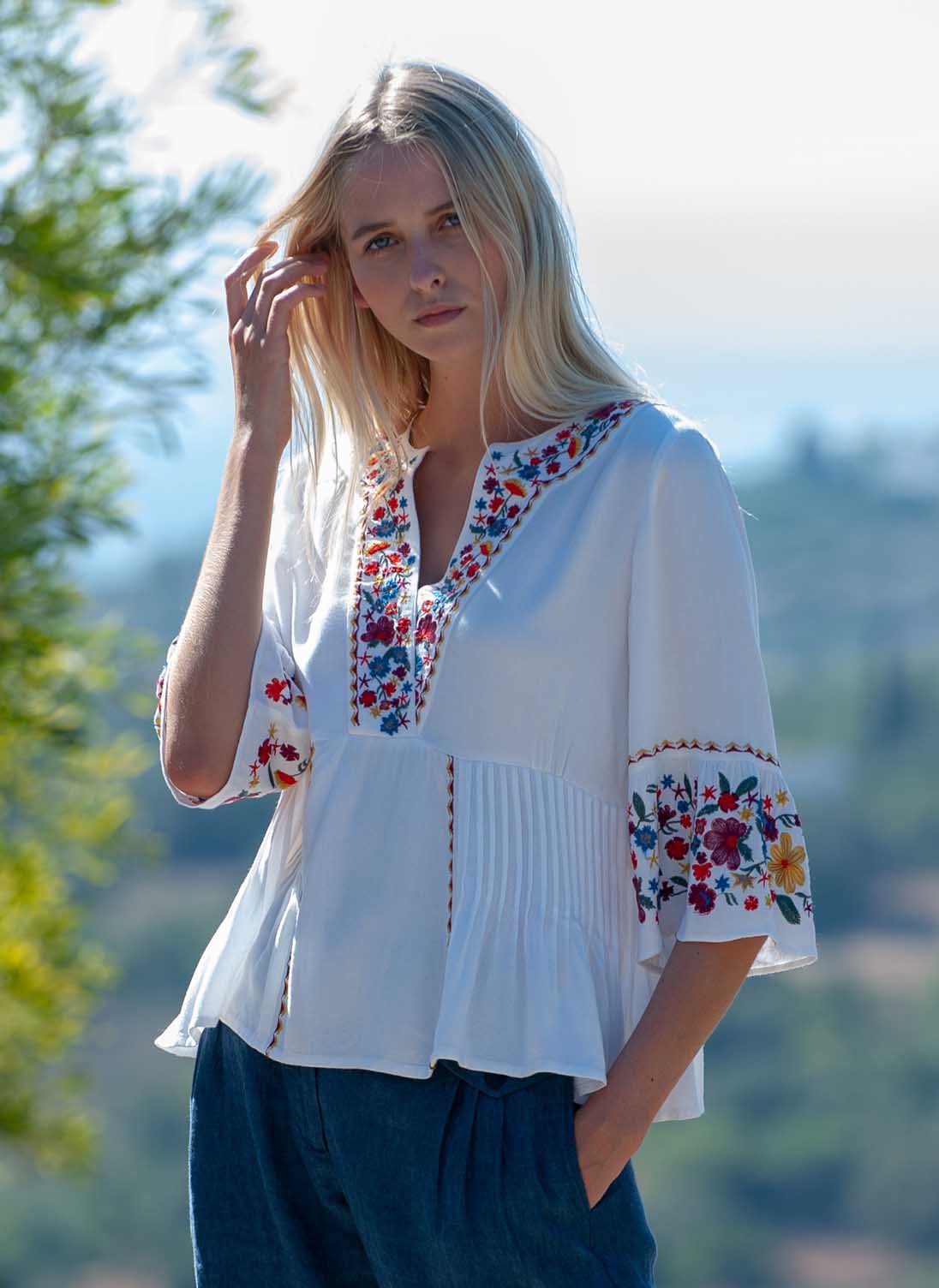 Embroidered Folk Blouse Ivory