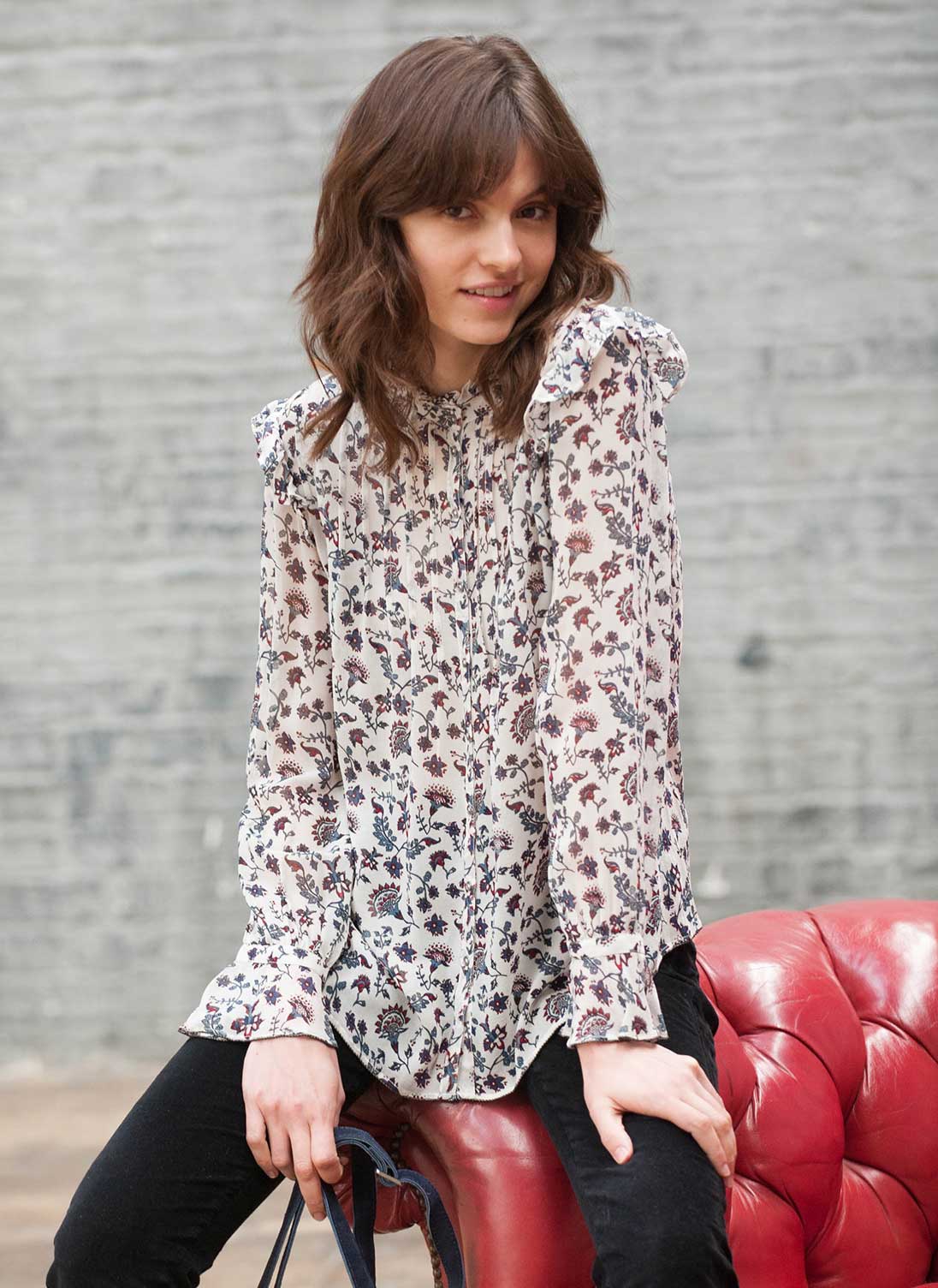 Floral Silk Chiffon Blouse Ivory & airforce