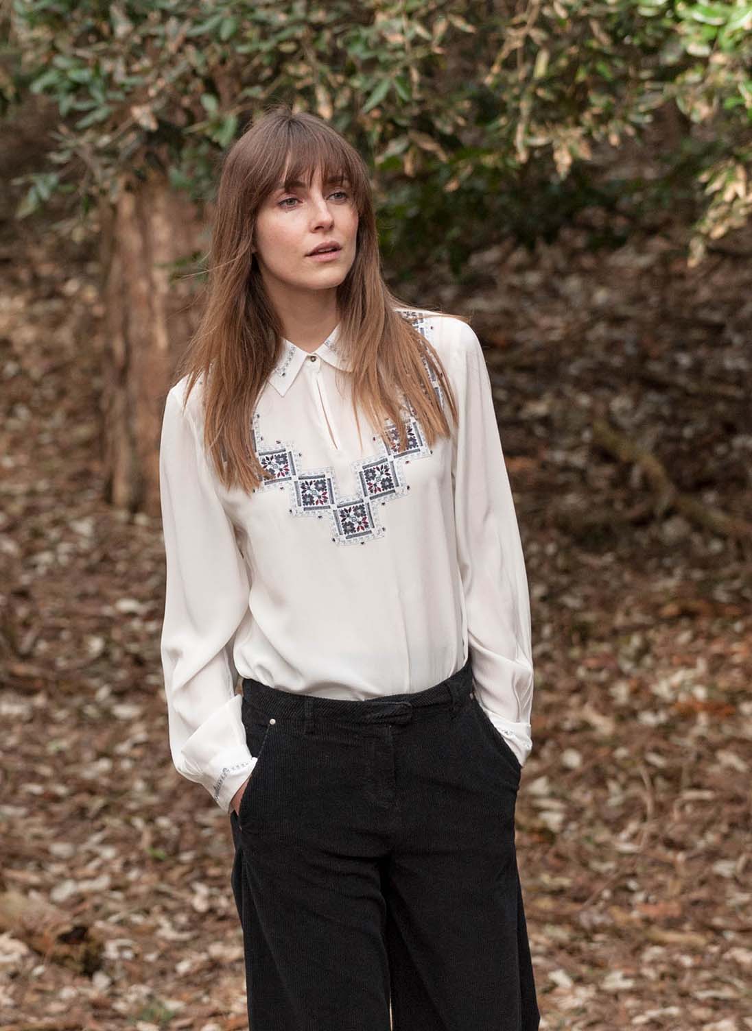 Cross Stitch Embroidered Silk Blouse Ivory