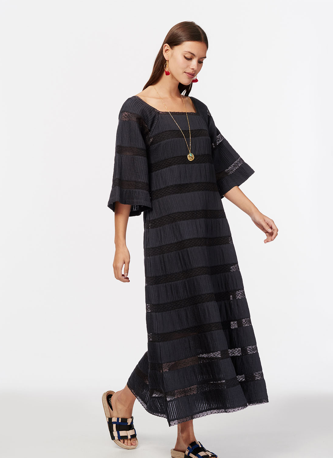 Pintuck & Lace Cotton Dress Summer black