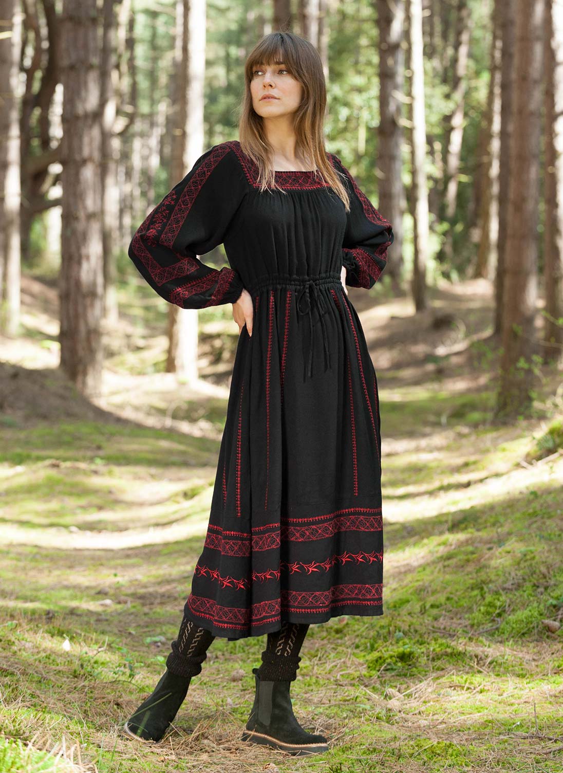 Embroidered Folk Dress Black & clay