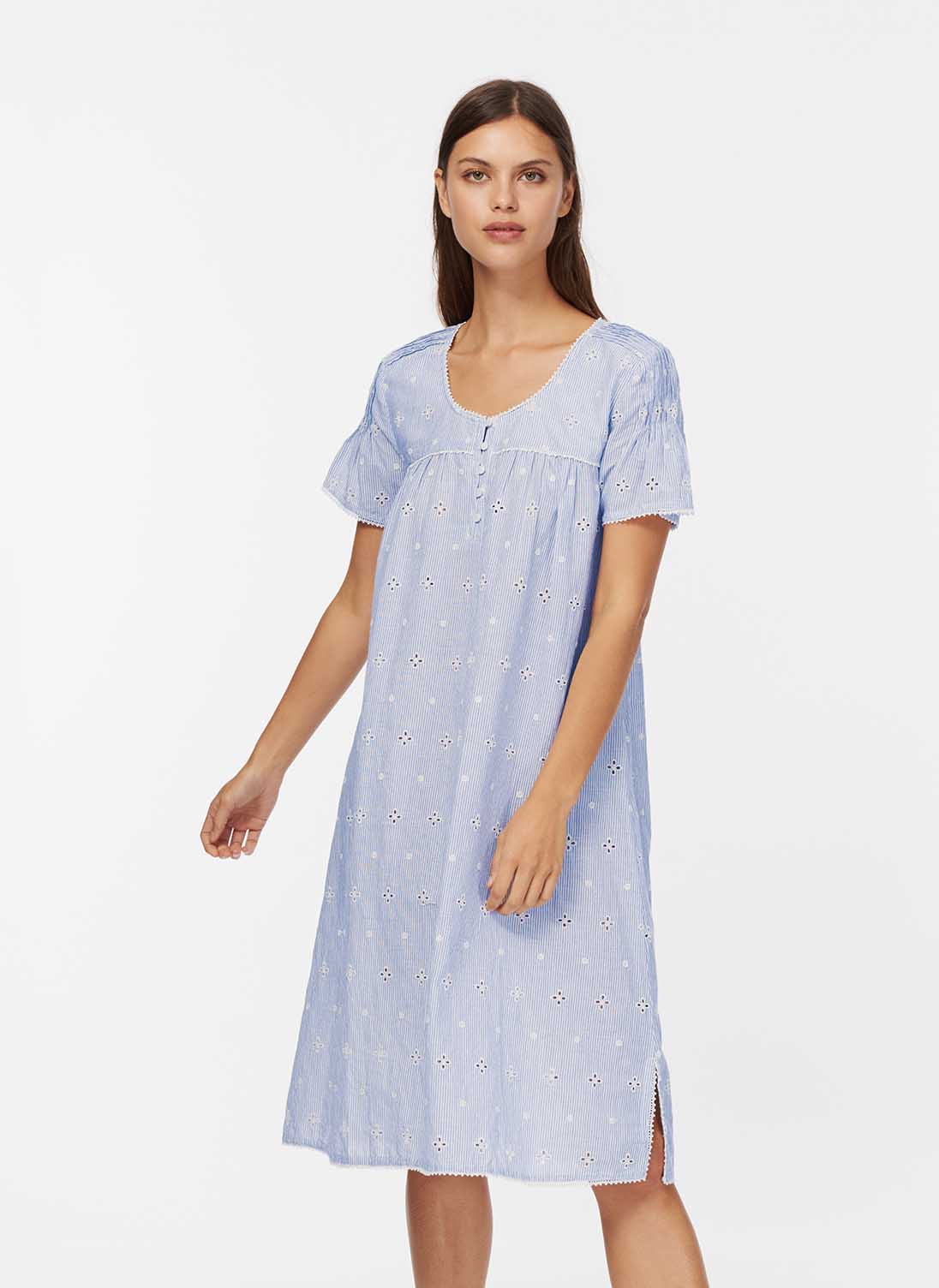 Embroidered Stripe Cotton Nighty Chambray & white