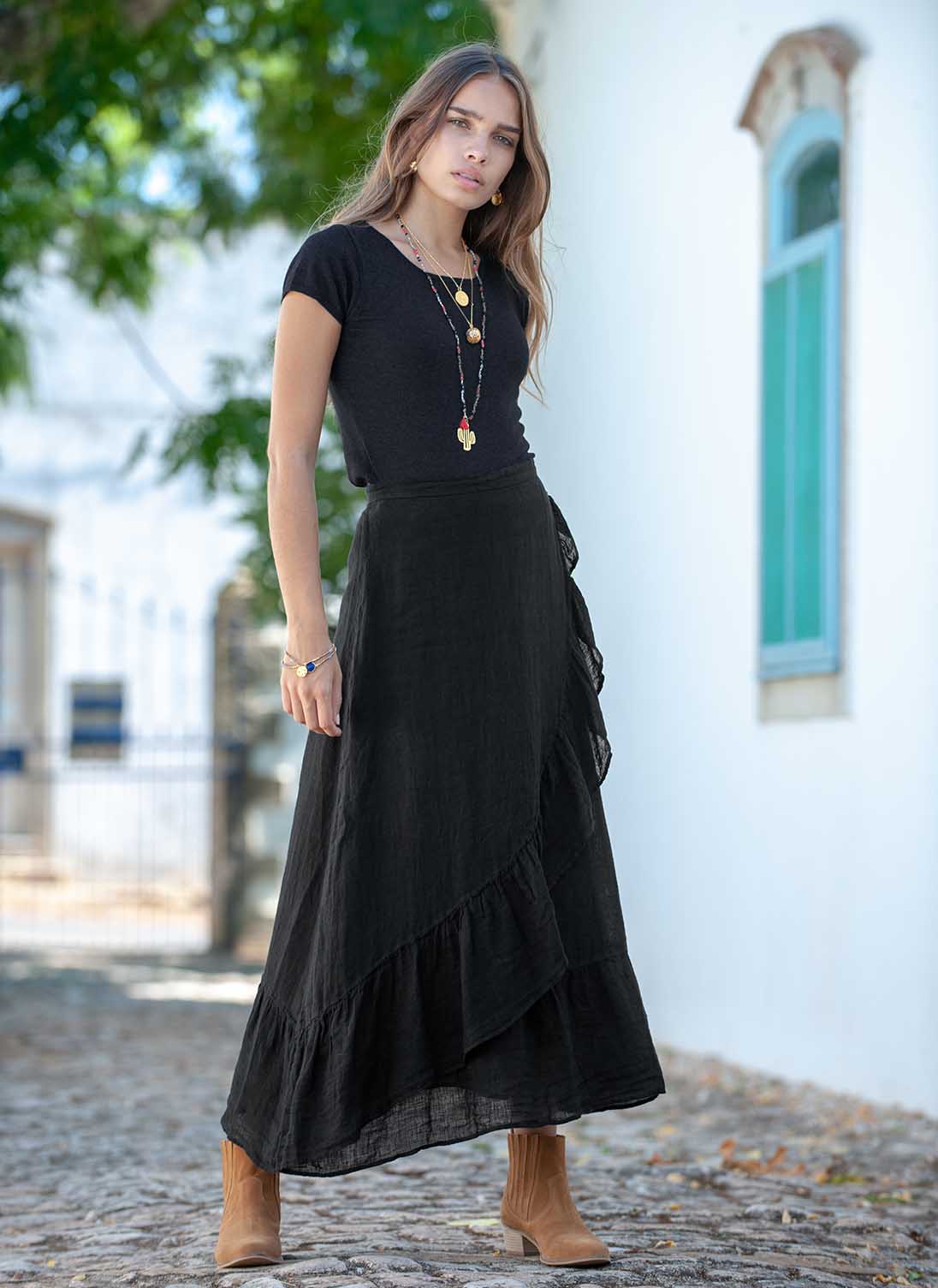 Gauzy Linen Ruffle Skirt Summer black