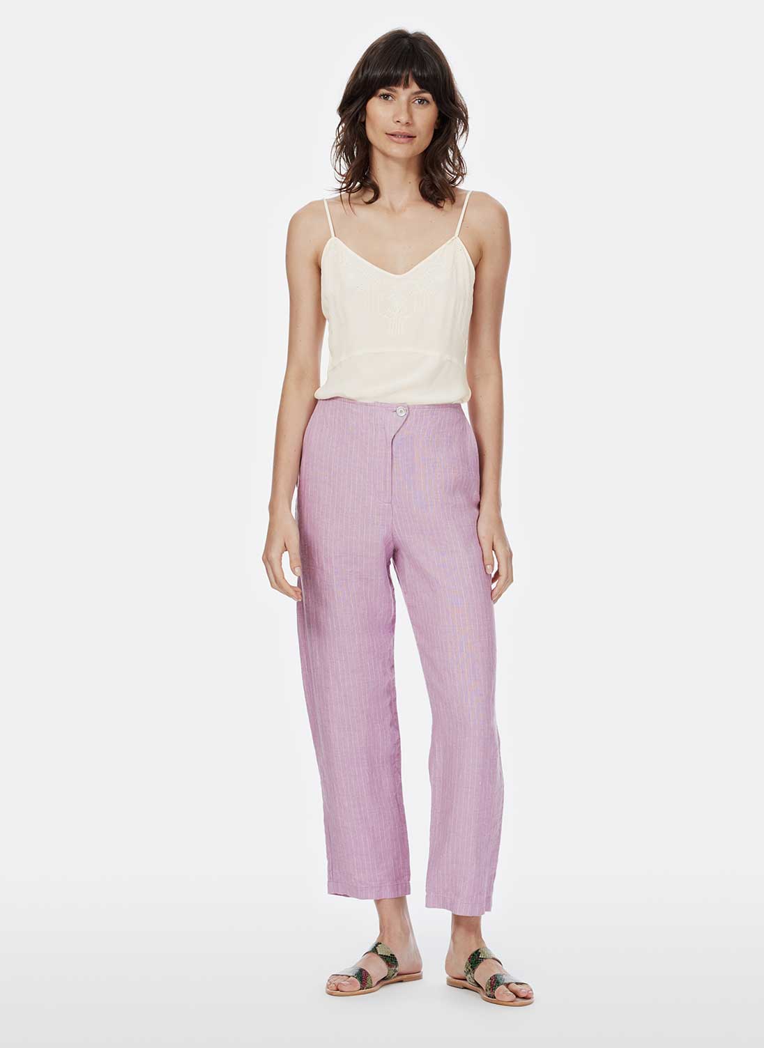 Pin Stripe Cropped Linen Trousers Orchid & white