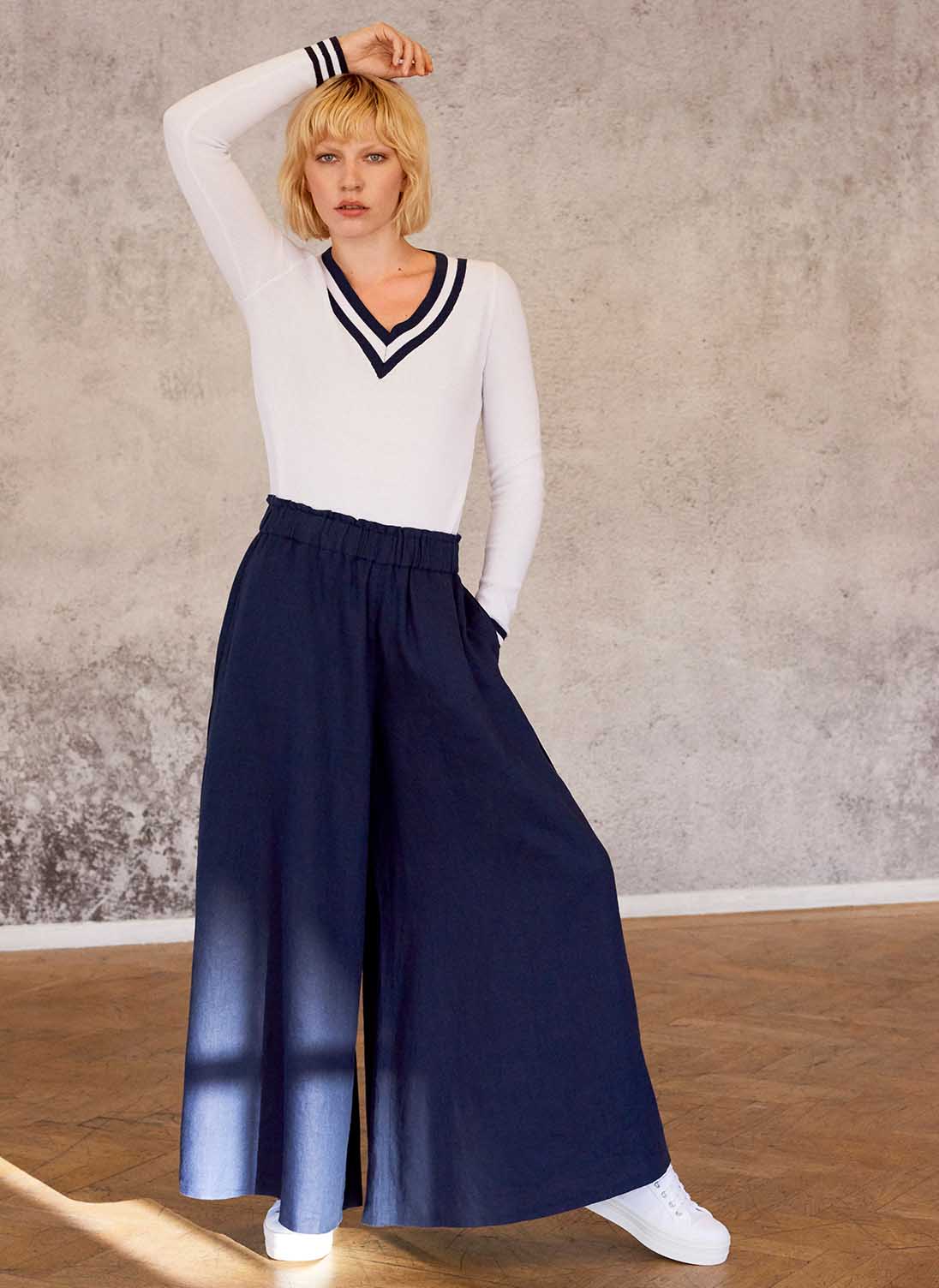 Linen Palazzo Trousers Navy