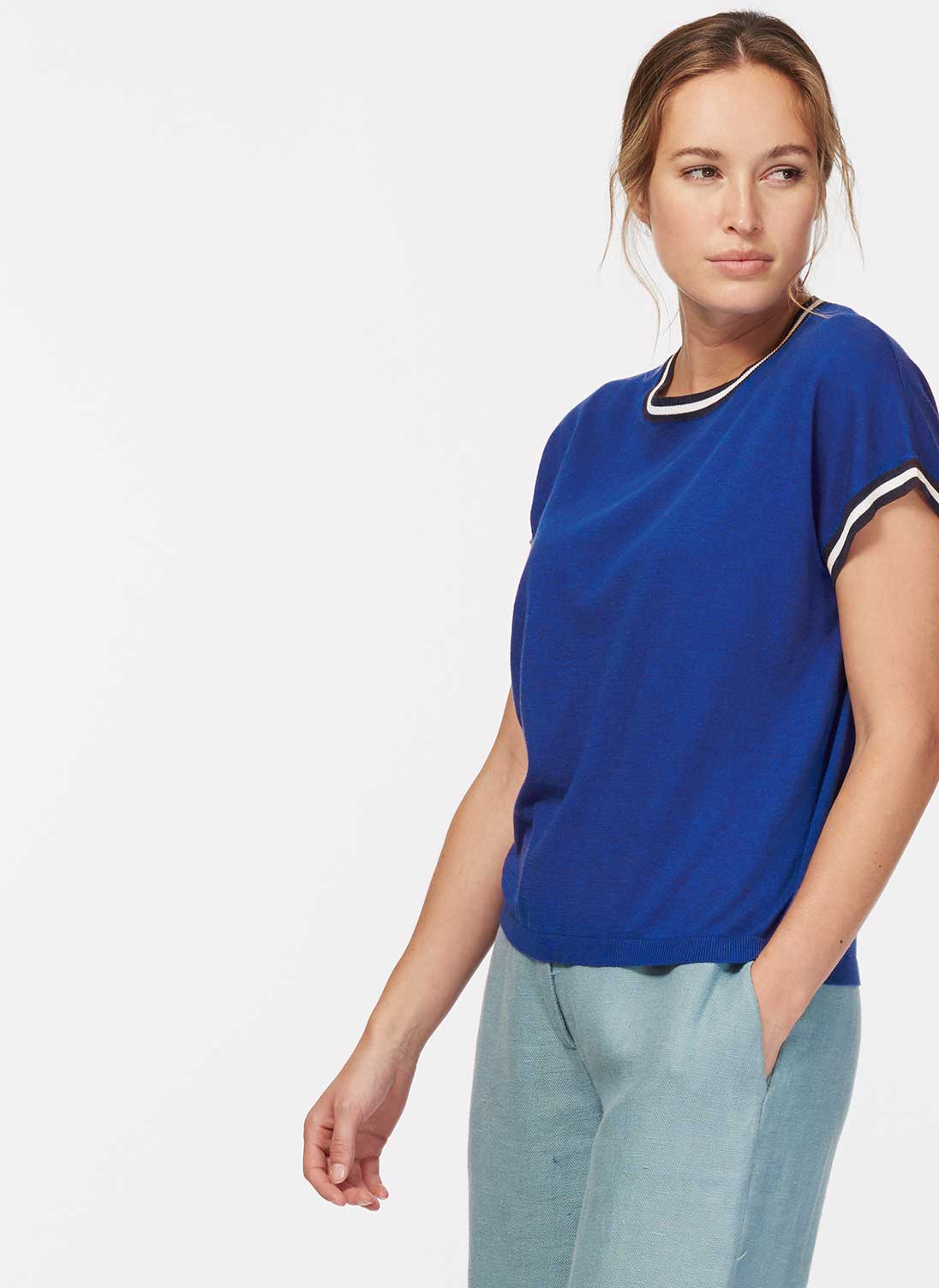 Cotton Knit Contrast Trim T-Shirt Ultramarine