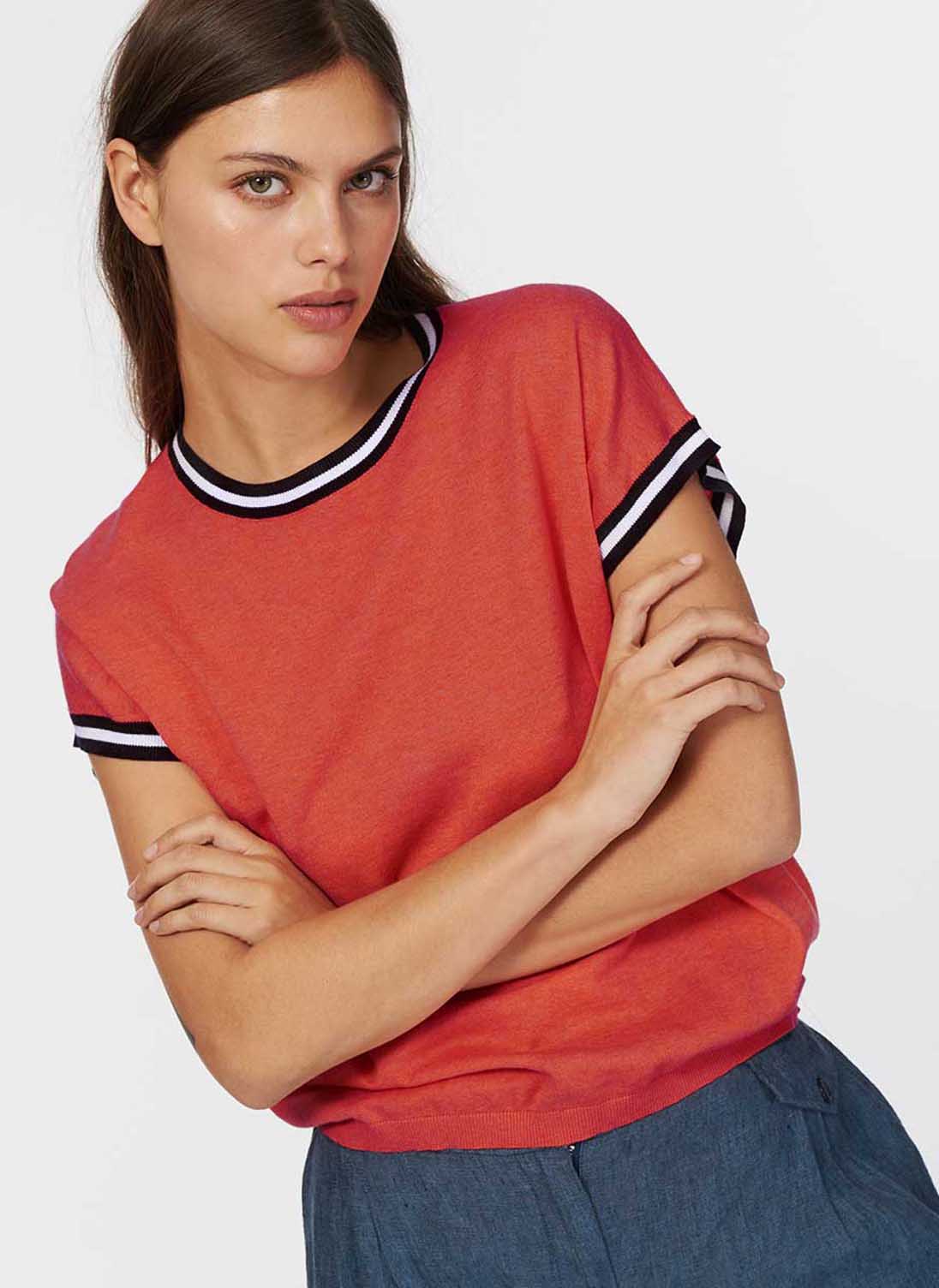 Cotton Knit Contrast Trim T-Shirt Clementine