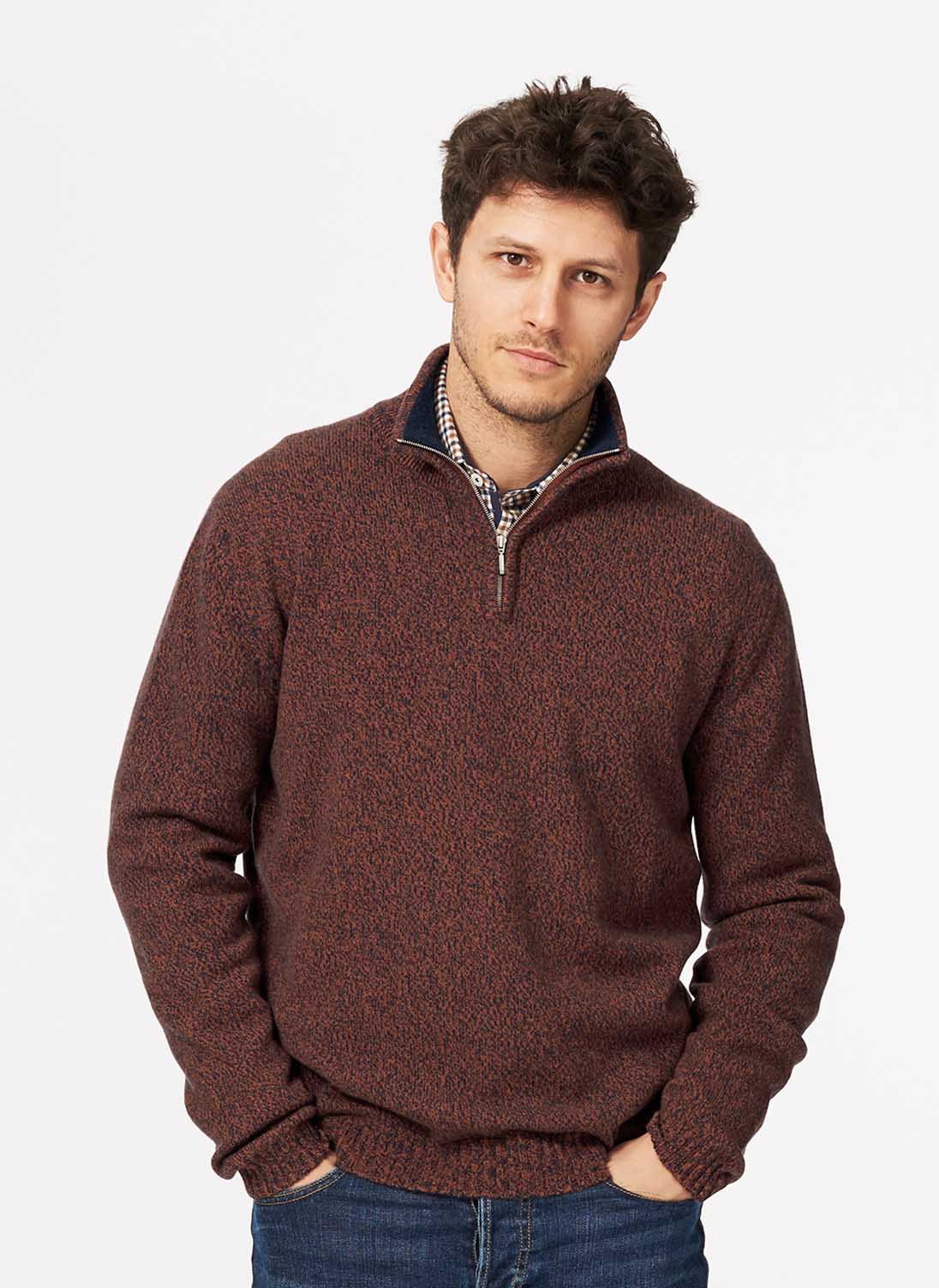 Cashmere Marl Zip Turtle Neck French Navy & Rust