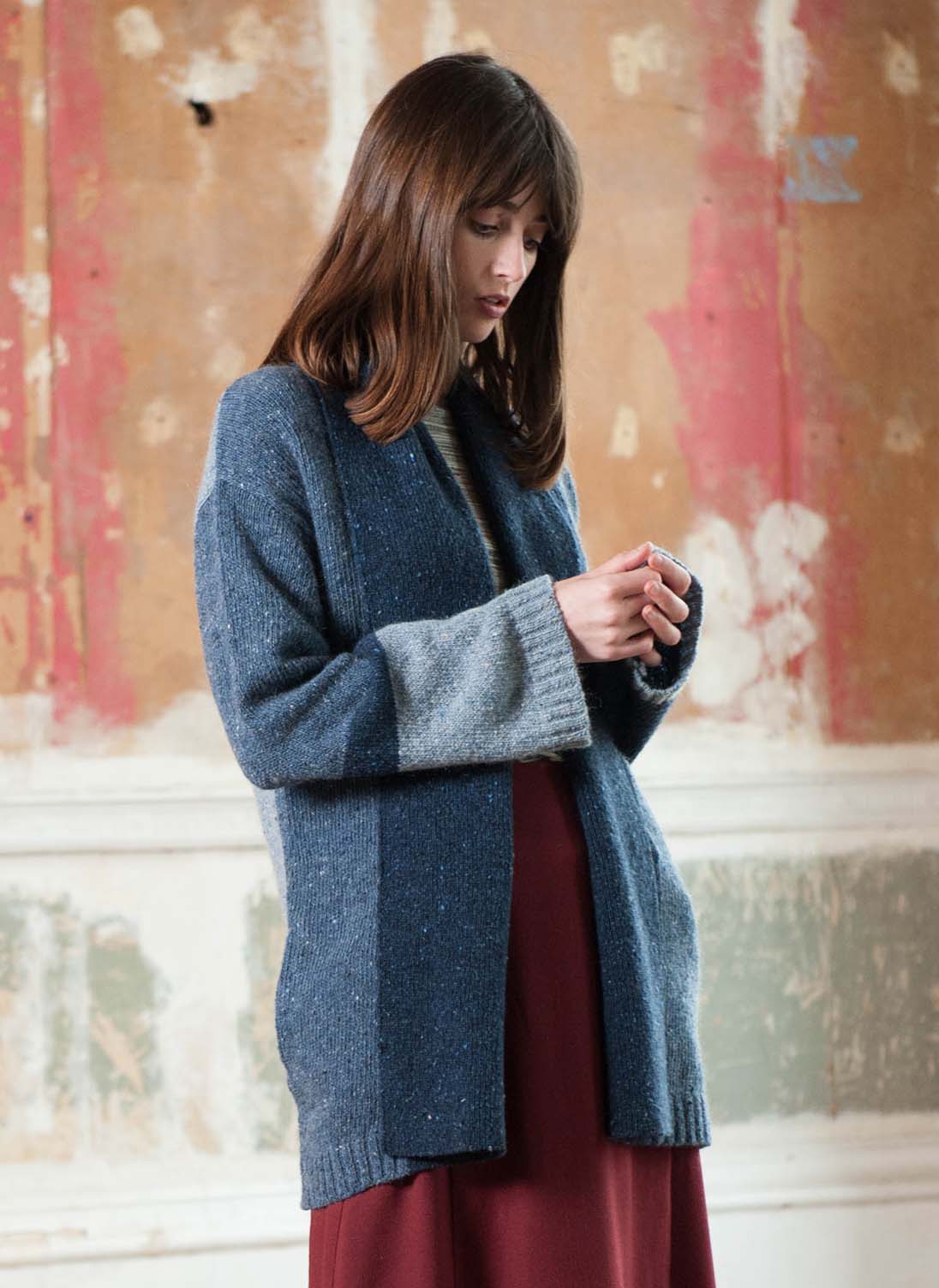 Donegal Wool Colour Block Cardigan Ink