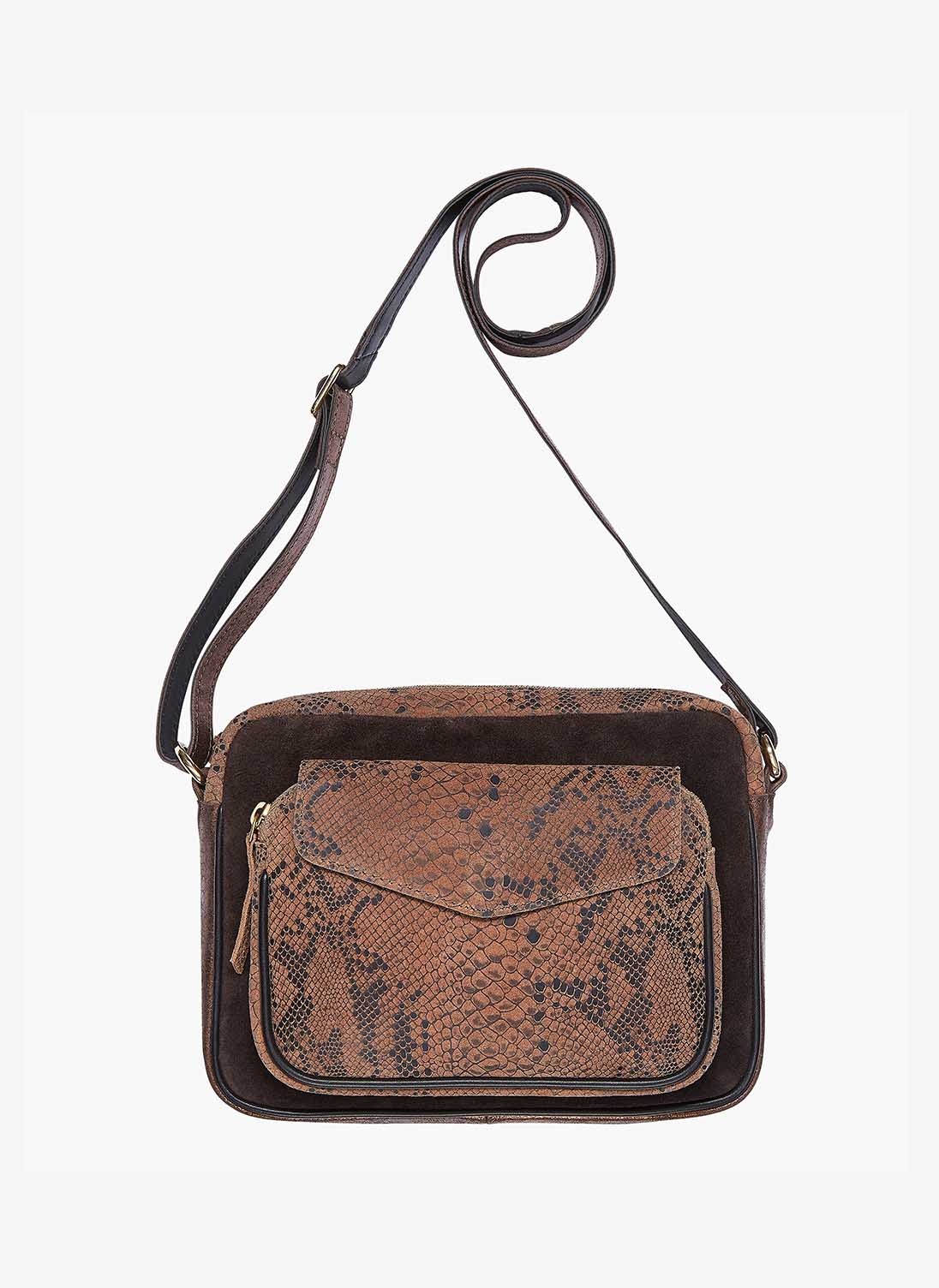 Snake Print Leather & Suede Bag Chocolate