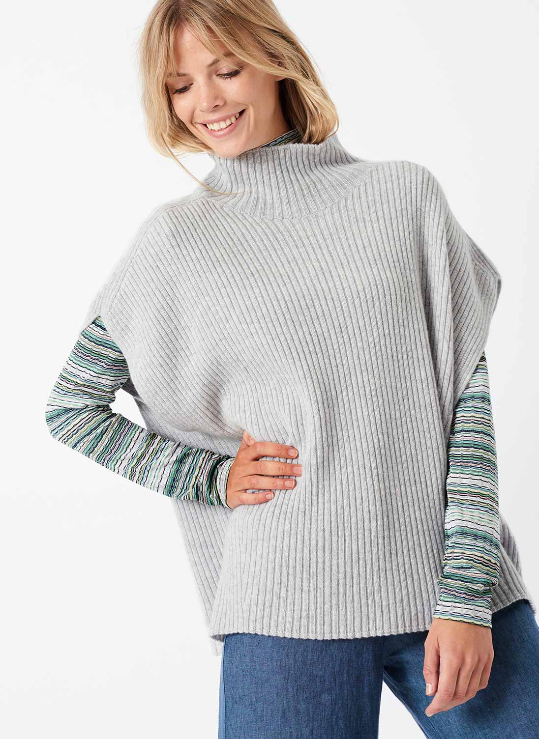 Cashmere Ribbed Poncho Pearl