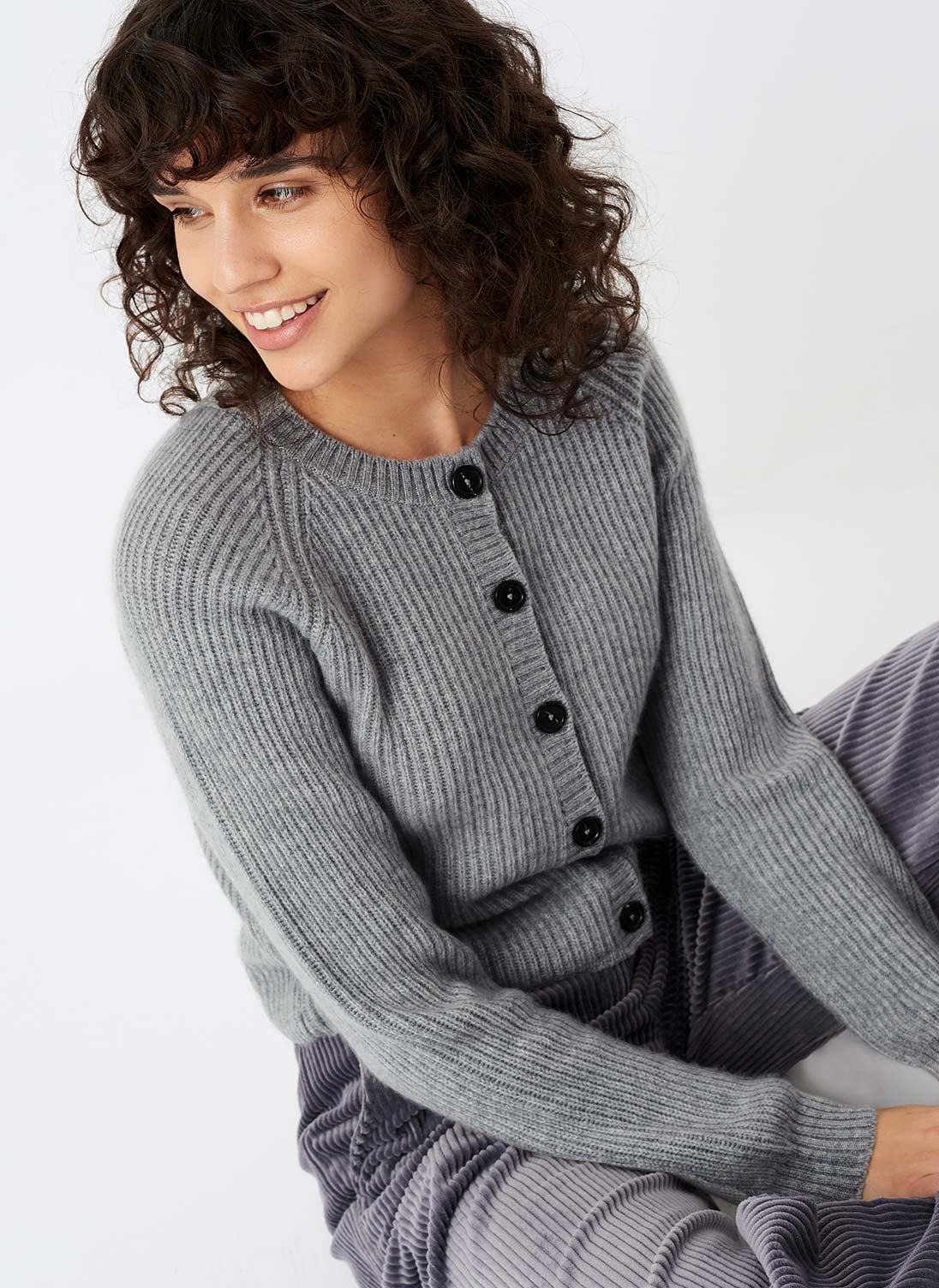 Cashmere Ribbed Cardigan Silver