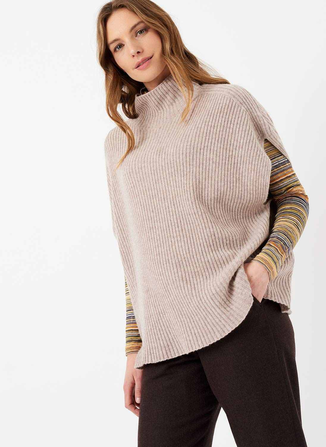 Cashmere Ribbed Poncho Ash