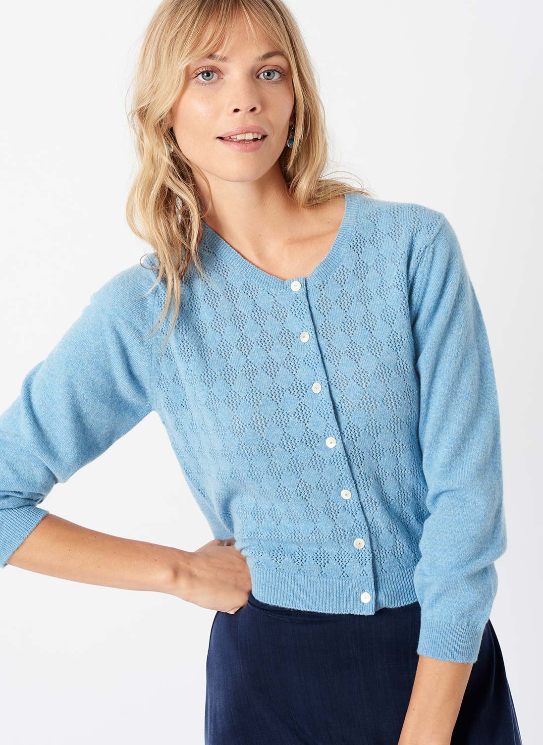Cashmere Pointelle Cardigan Periwinkle