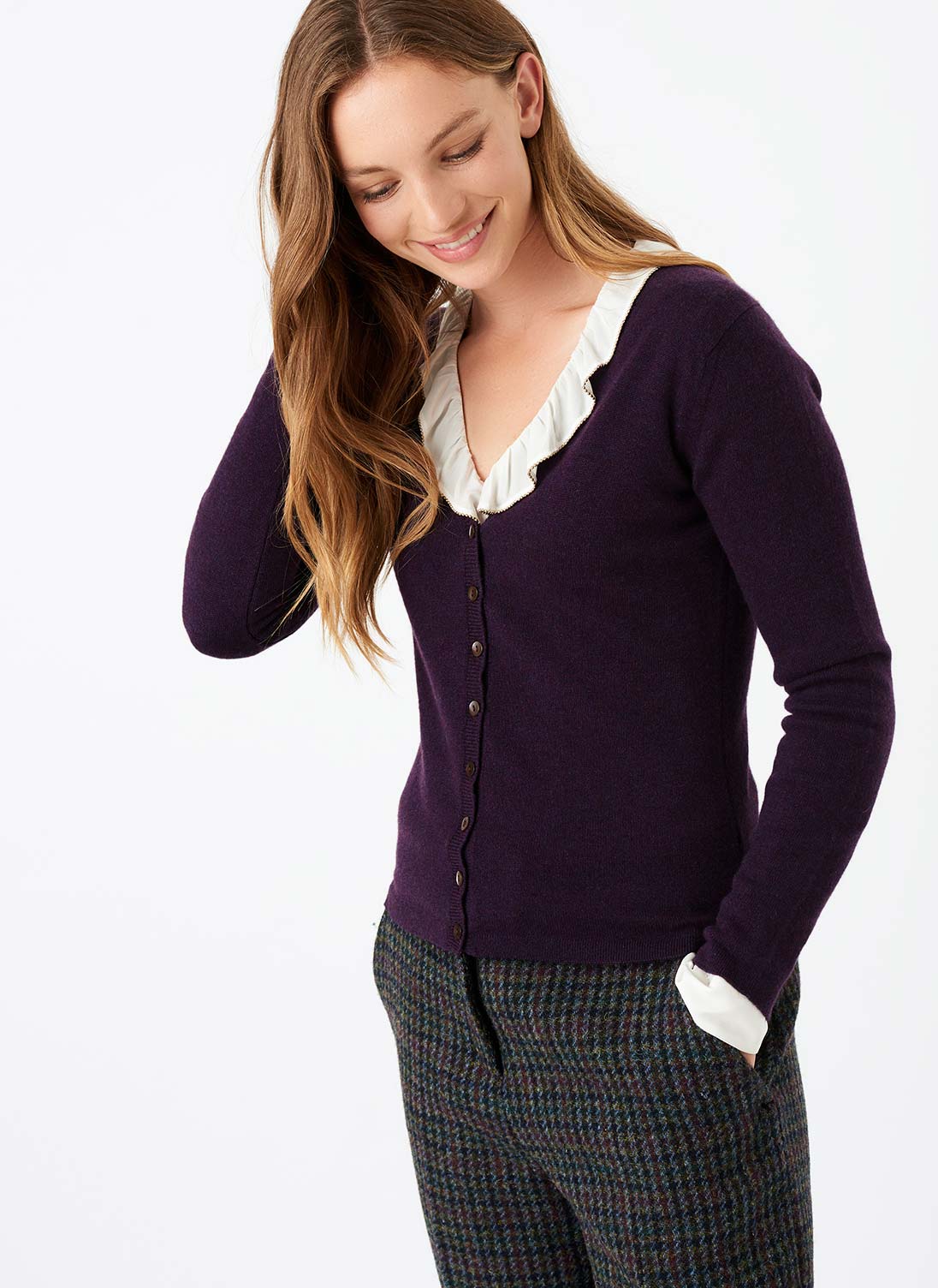 Cashmere Fitted V Neck Cardigan Plum