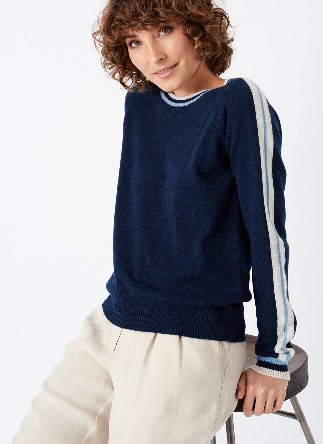Cashmere Intarsia Stripe Jumper French navy & periwinkle