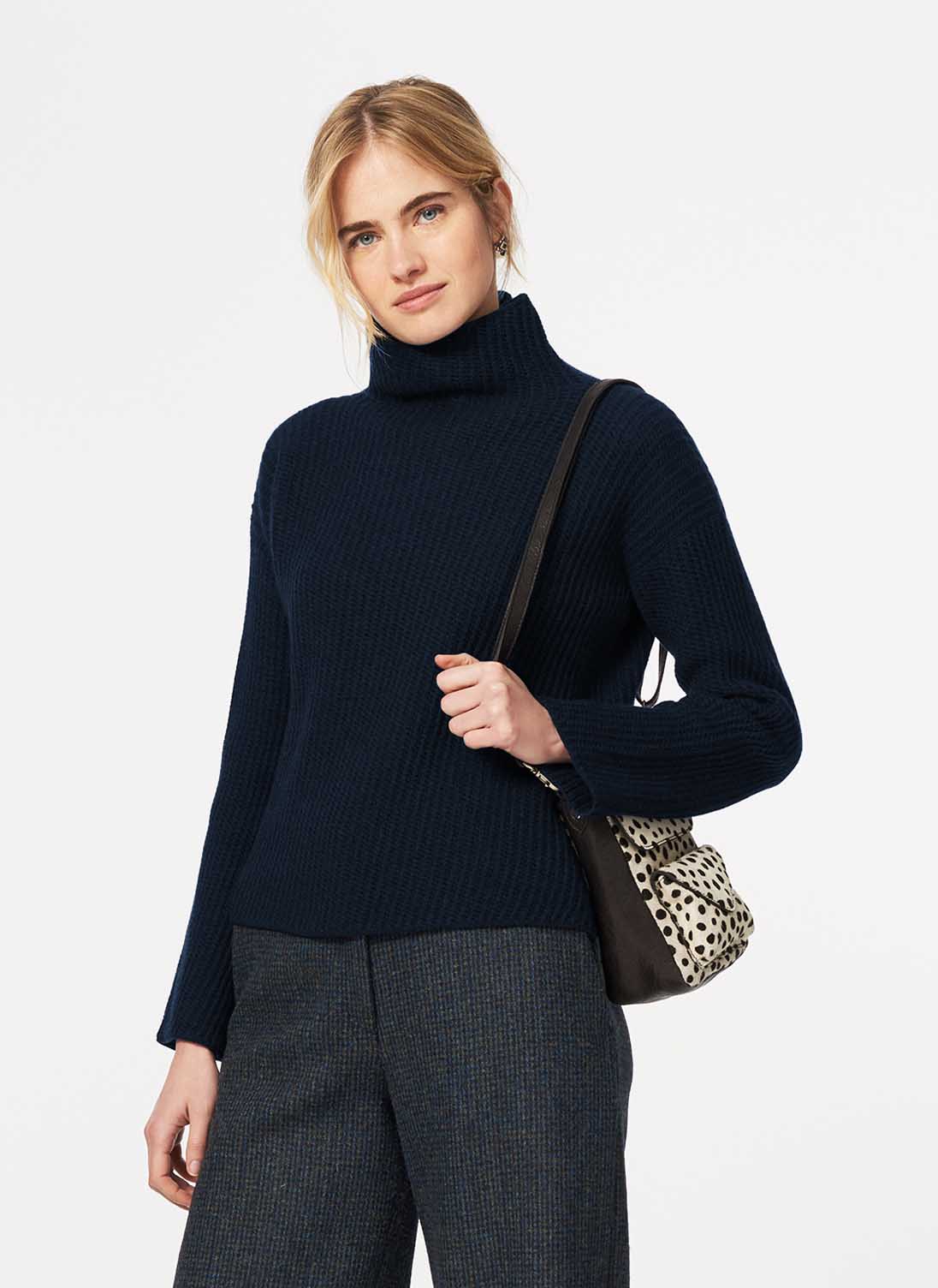 Cashmere Textured Funnel Neck French Navy